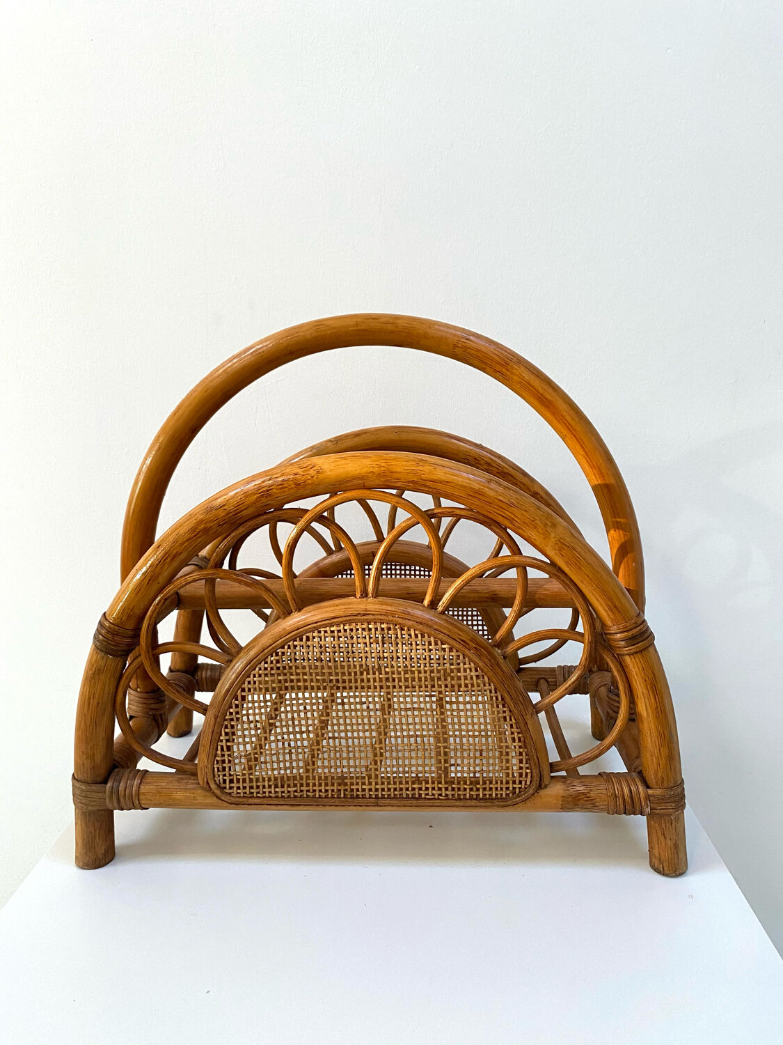 Rattan and bamboo magazine holder from the 70s
