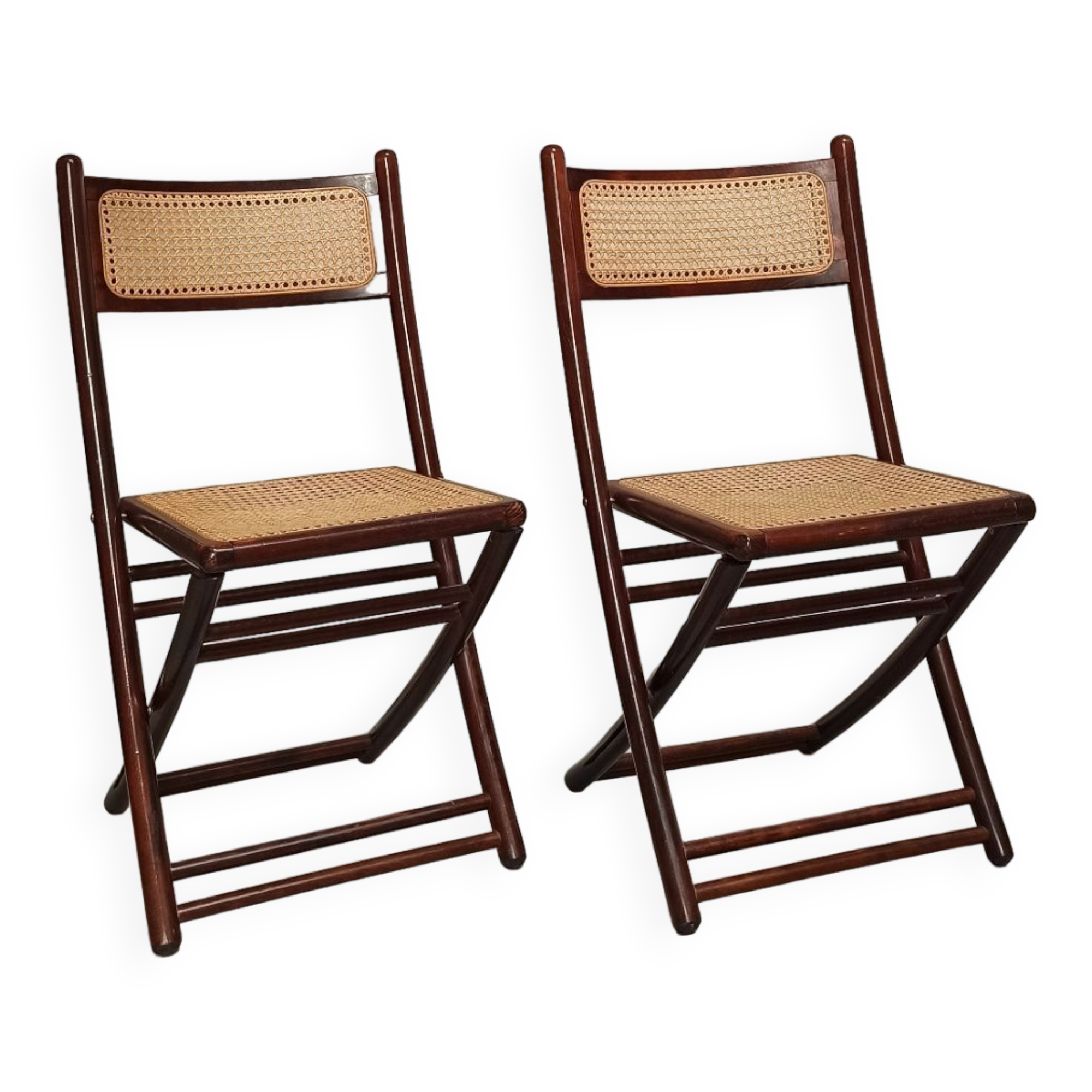Folding chairs in wood and cane, 80's