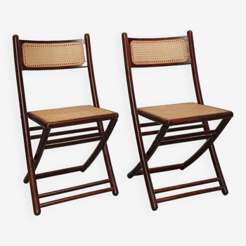 Chaises pliantes en bois et cannage, 80's