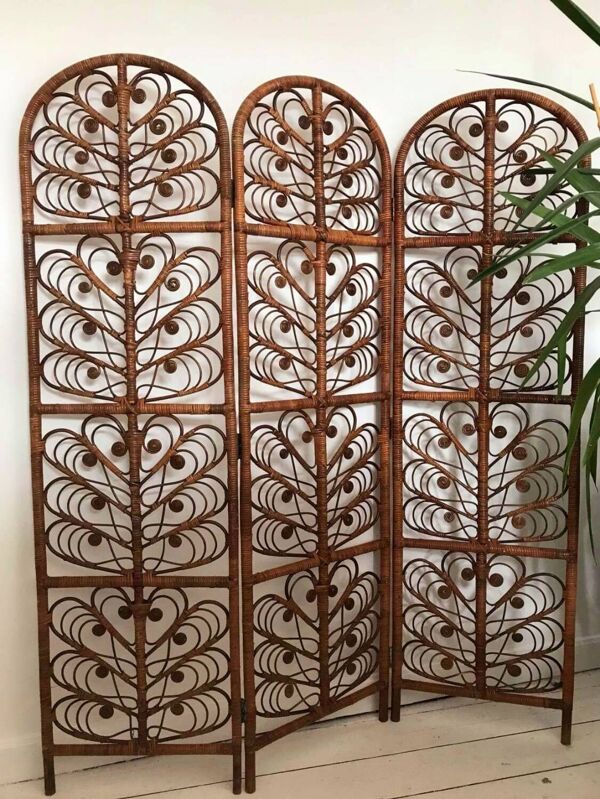 Paravent Peacock Vintage Osier Rotin 3 Volets