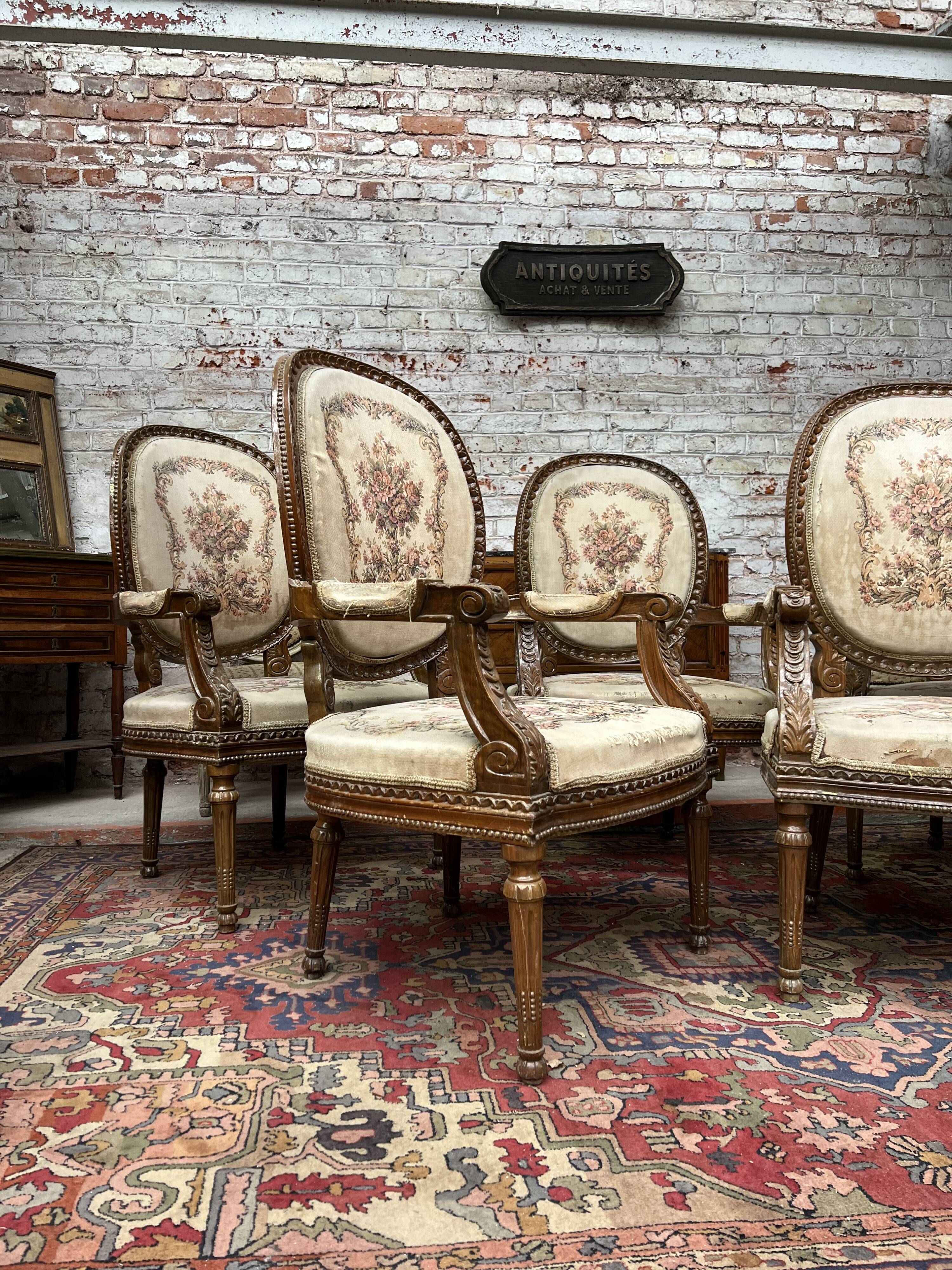 Suite of Five Armchairs with Back Medallion Louis XVI Style