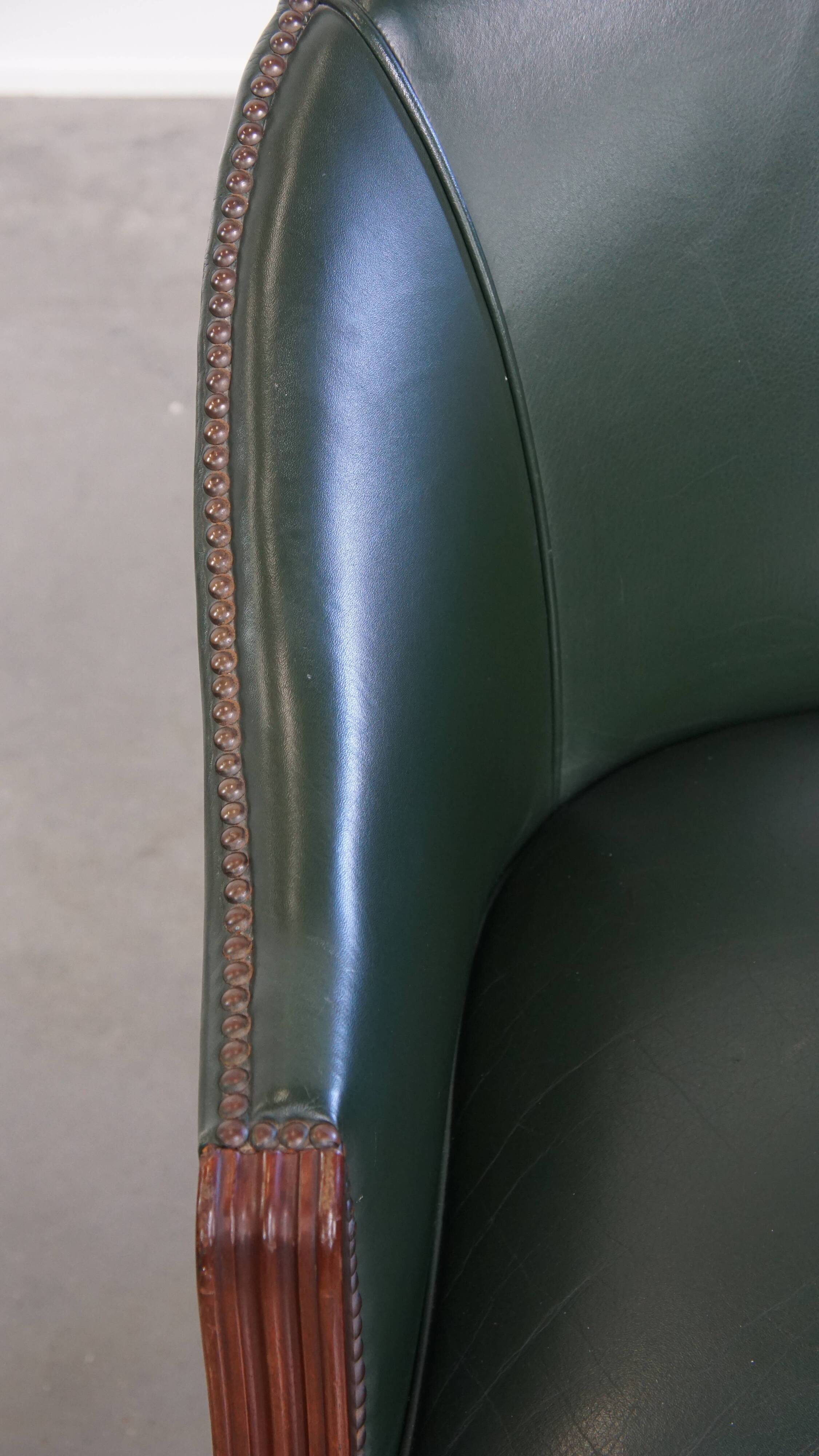 Green Cowhide Leather and Wooden Side / Dining / Desk Chair
