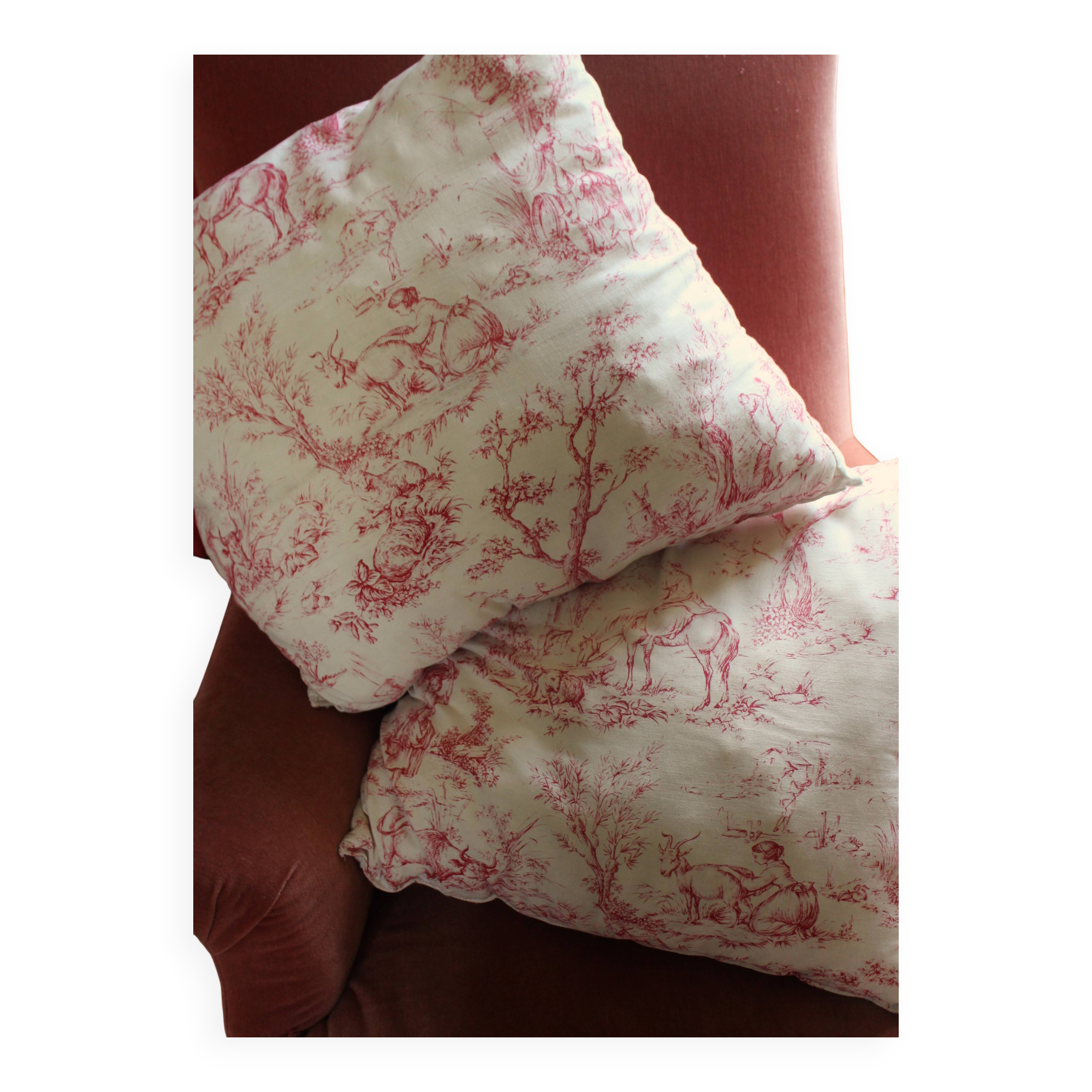 Paire Coussins Toile de Jouy rose ancienne