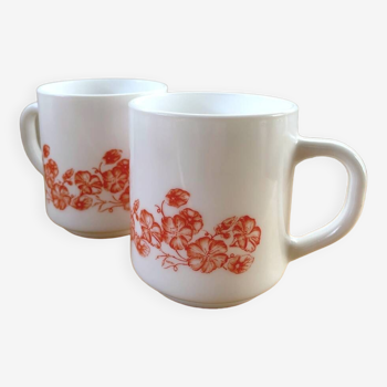 Pair of Vintage Arcopal Mugs – Orange Floral Pattern