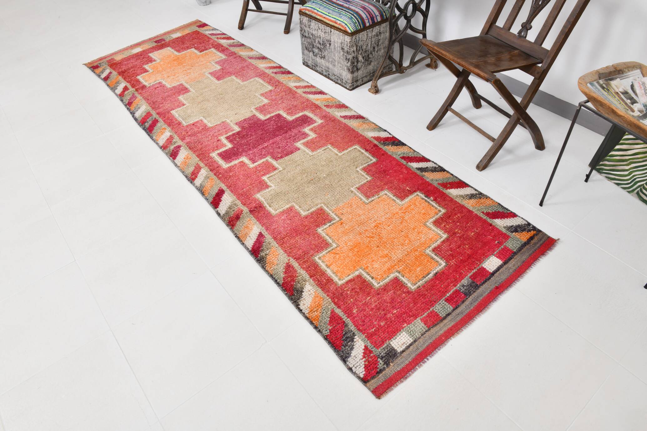 3x10 Orange & Red Turkish Vintage Runner Rug, 97x301Cm SK 22031