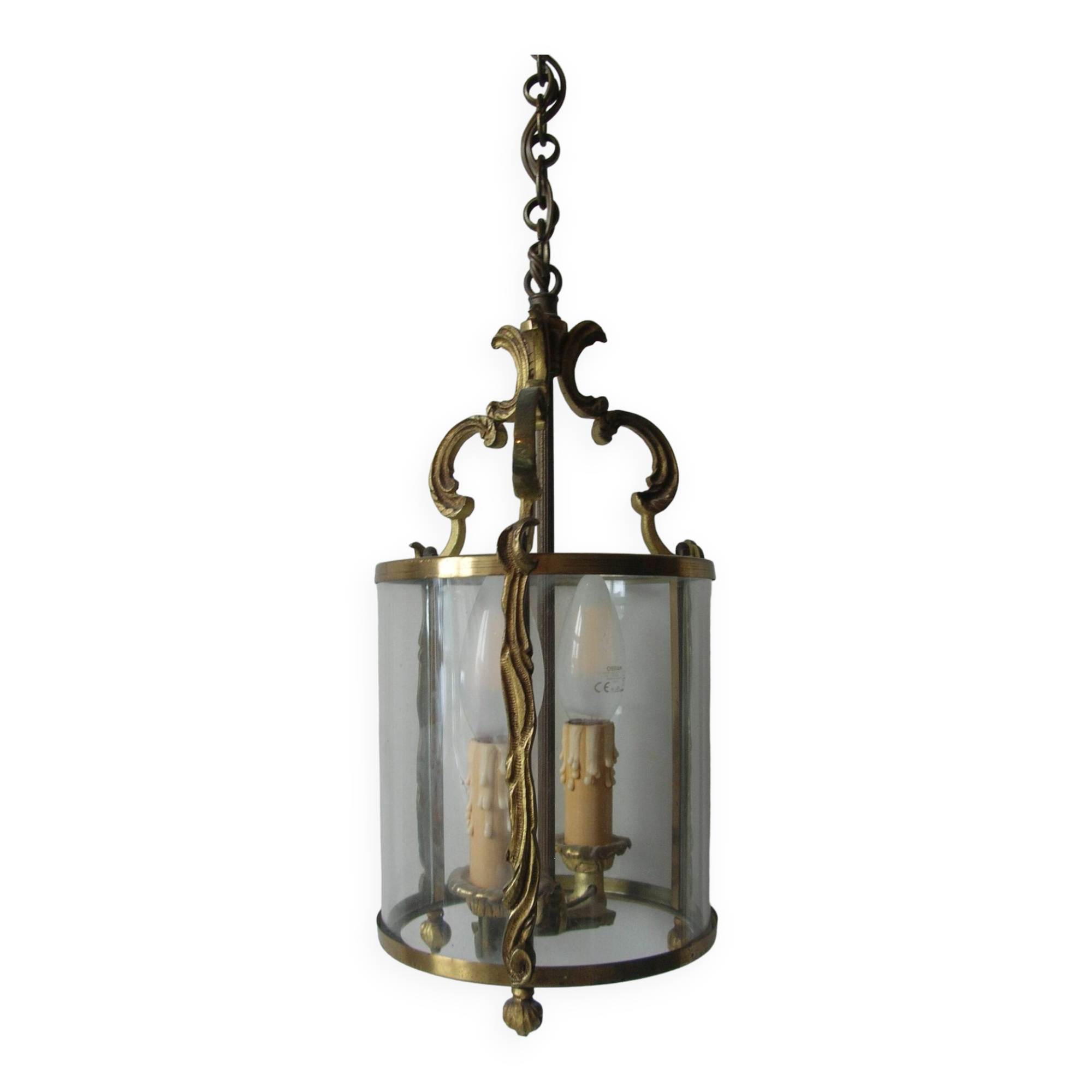 Old pendant lantern light fixture 2 lights in bronze glass decoration hall entrance