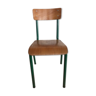 Vintage nursery school chair in green metal mullca style and plywood seat