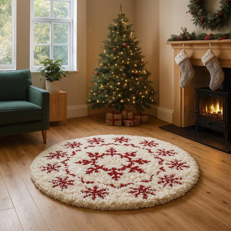 Handmade Moroccan Wool Snowflake Rug: Red & White Christmas Decor 200X200cm