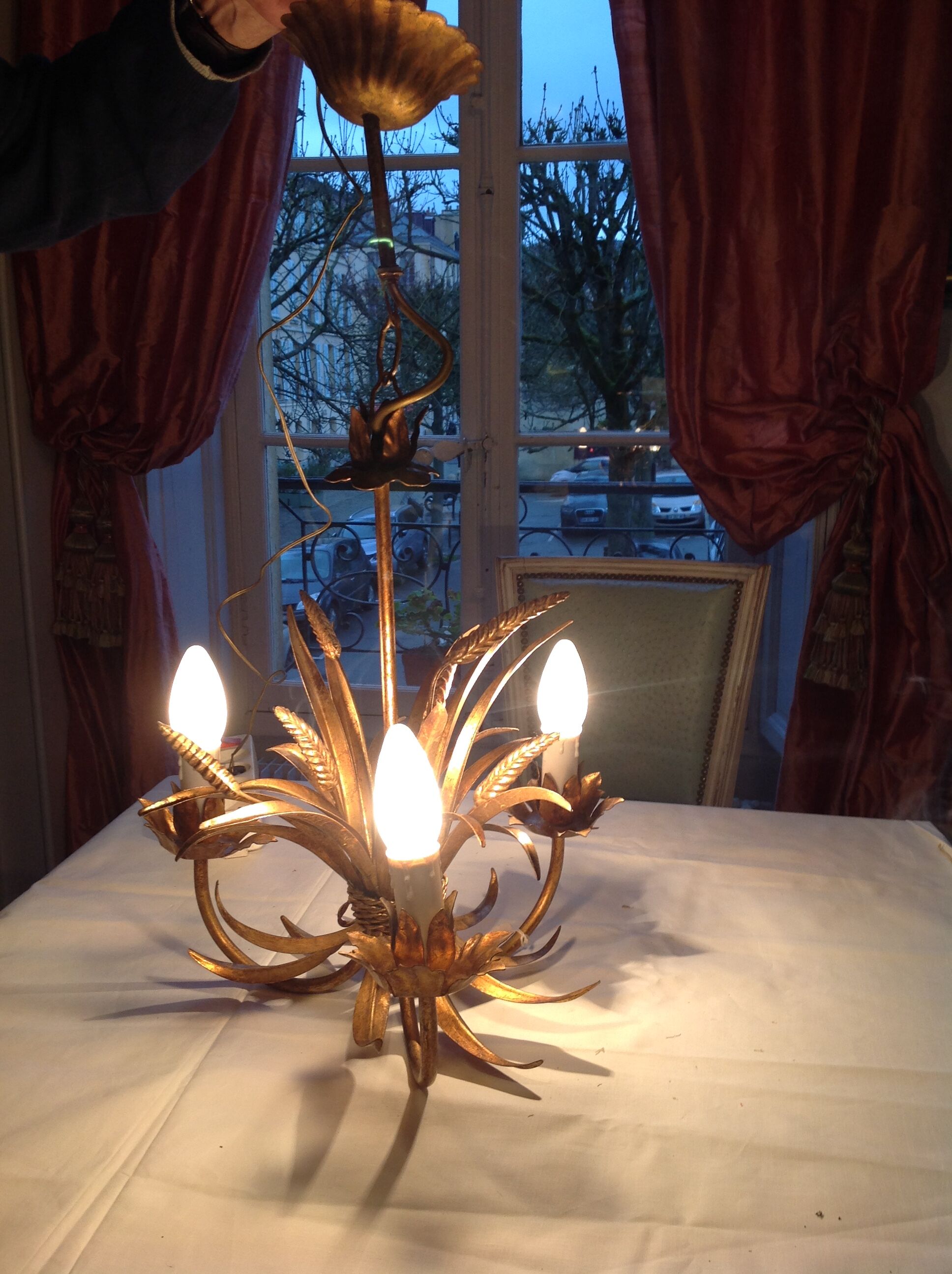 Wheat ear chandelier, 3 fires, gold metal