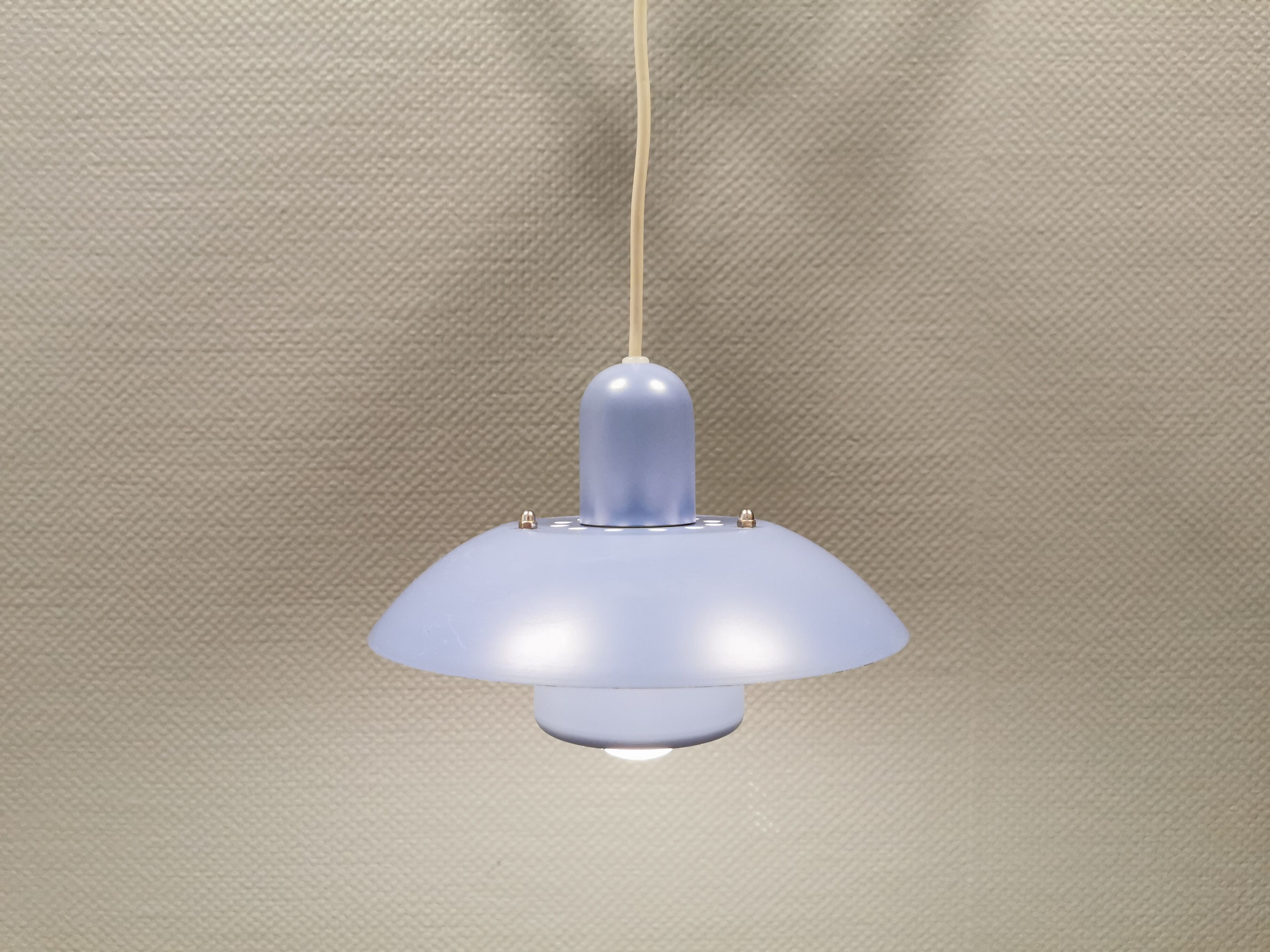 Classic small Danish hanging lamp, produced by Form-Light in the 1980s. Light purple color
