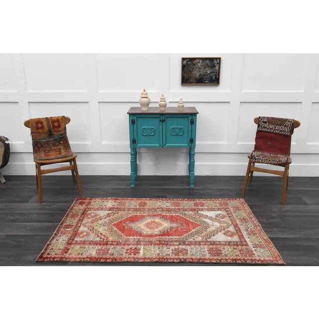 1970s Vintage Turkish Hand-Knotted Wool Cotton Red Area Rug 110x186