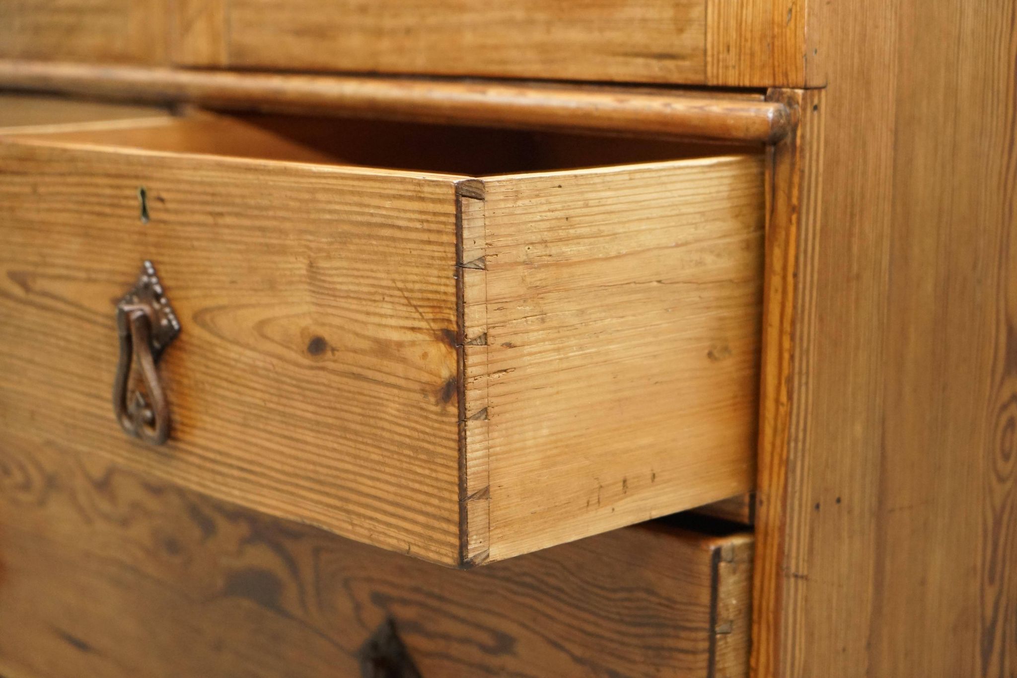 Antique Victorian pine governess buffet with sliding shelf.