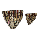 Paire d'appliques vintage "vitrail" en cuivre et verre, France, 1970
