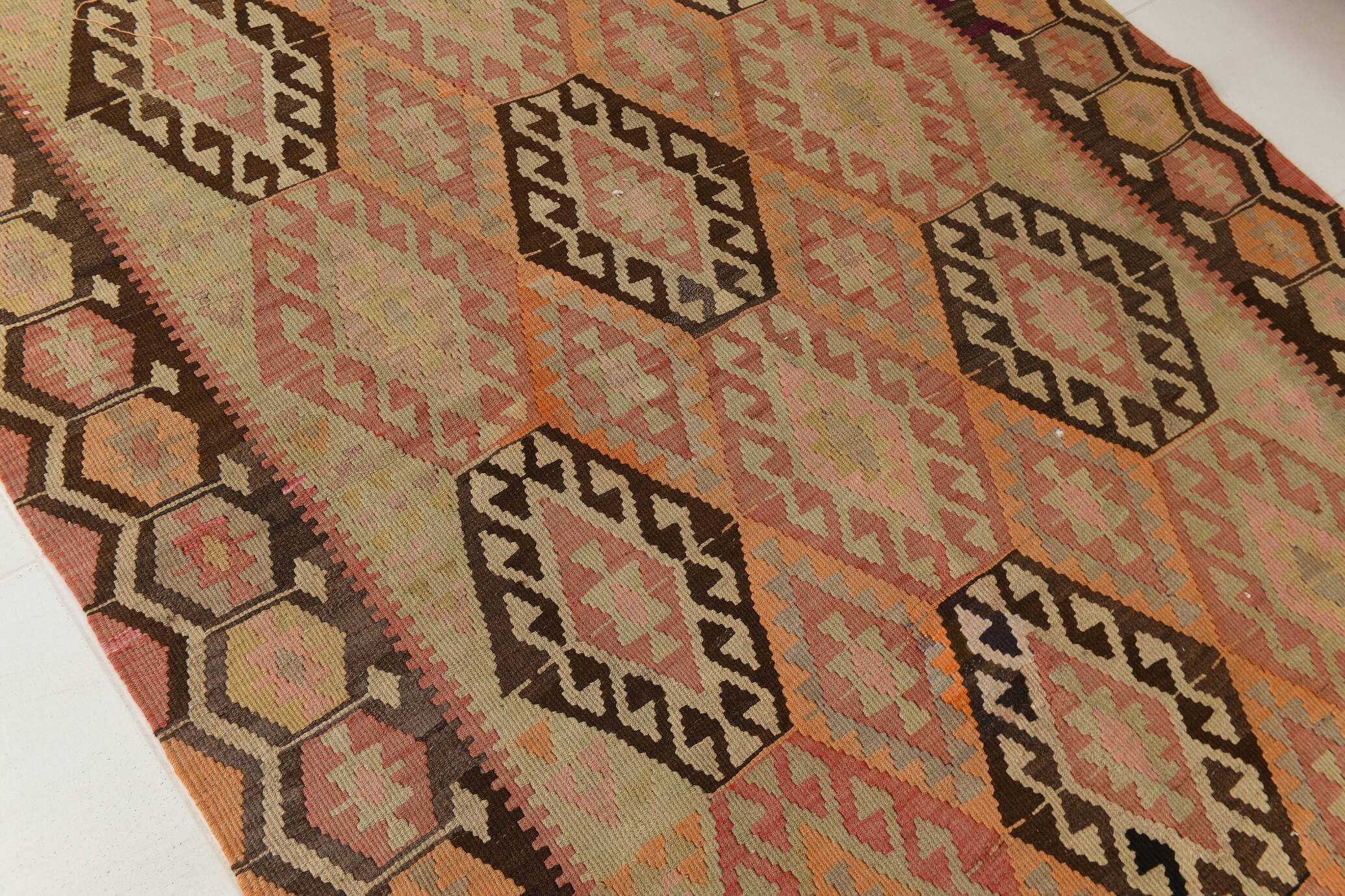 Turkish Vintage Kilim Rug: Shades Of Red Brown Handmade Wool Rug 160x417Cm