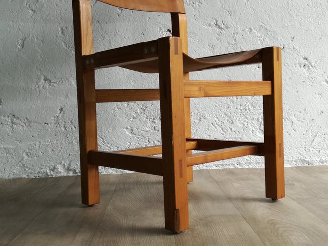 Suite de 6 chaises orme et cuir de la maison regain - circa 1960