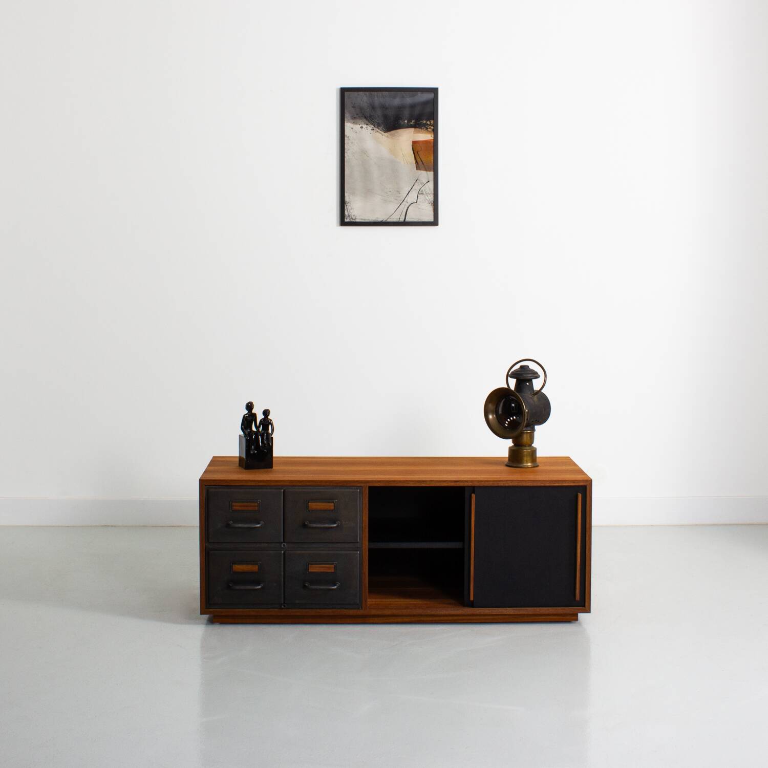 Teak sideboard with industrial metal drawers and 2 black sliding doors