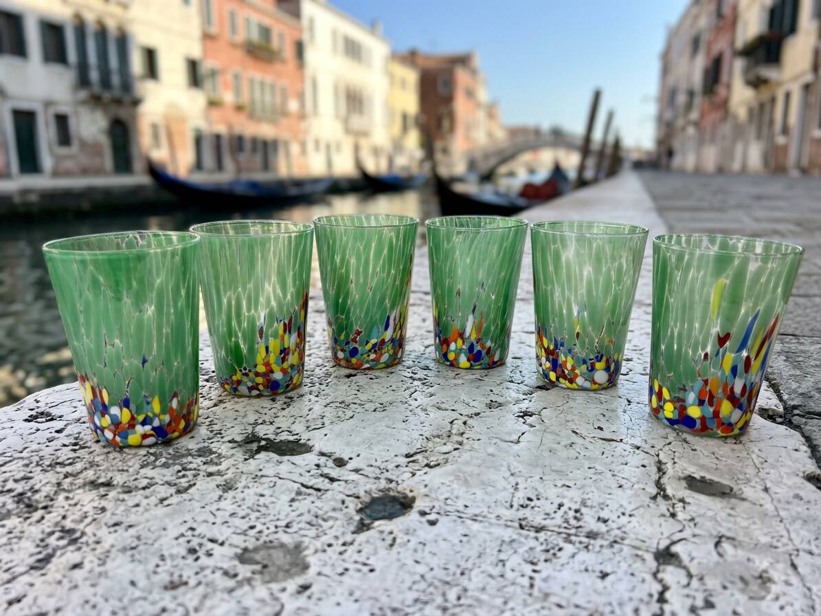 Set of 6 blown glass glasses with coloured Murano granules.