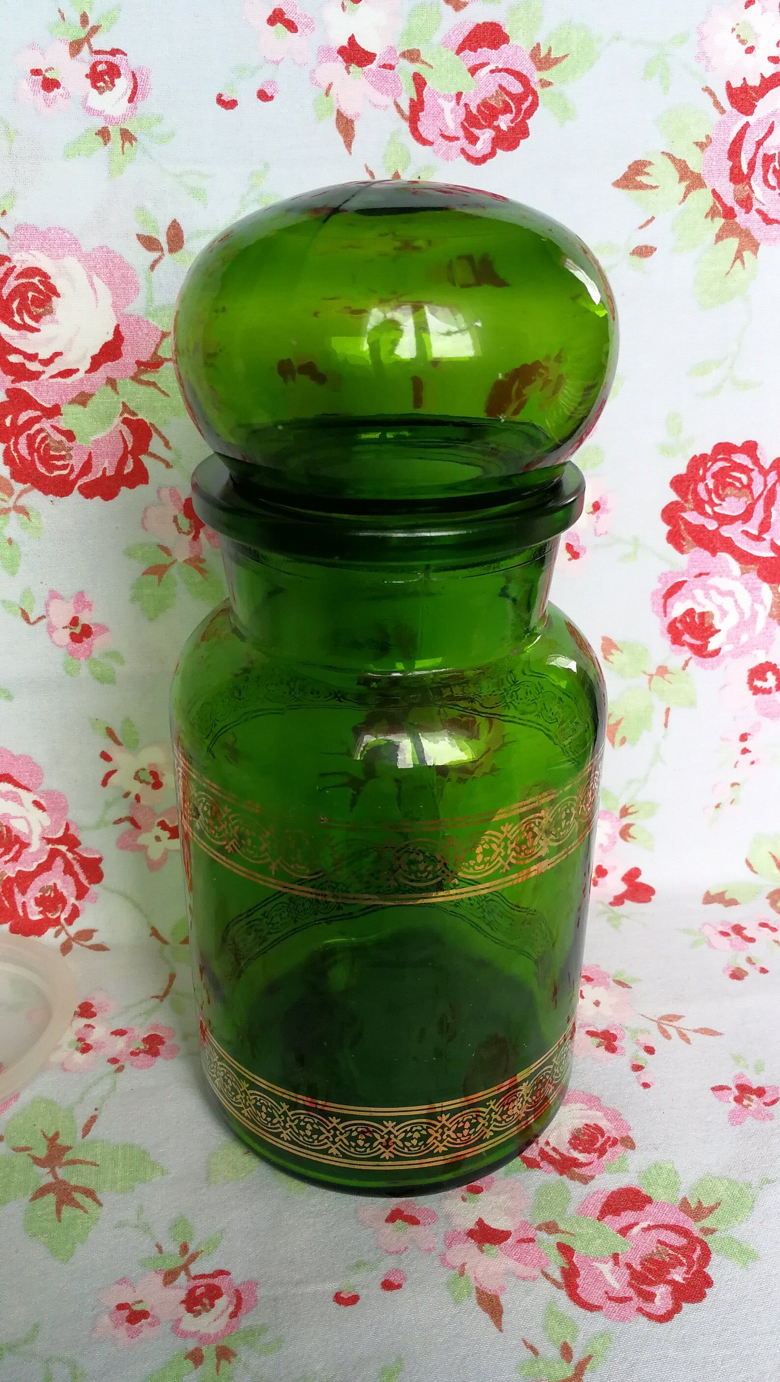 Green glass apothecary flask and golden edars old pot