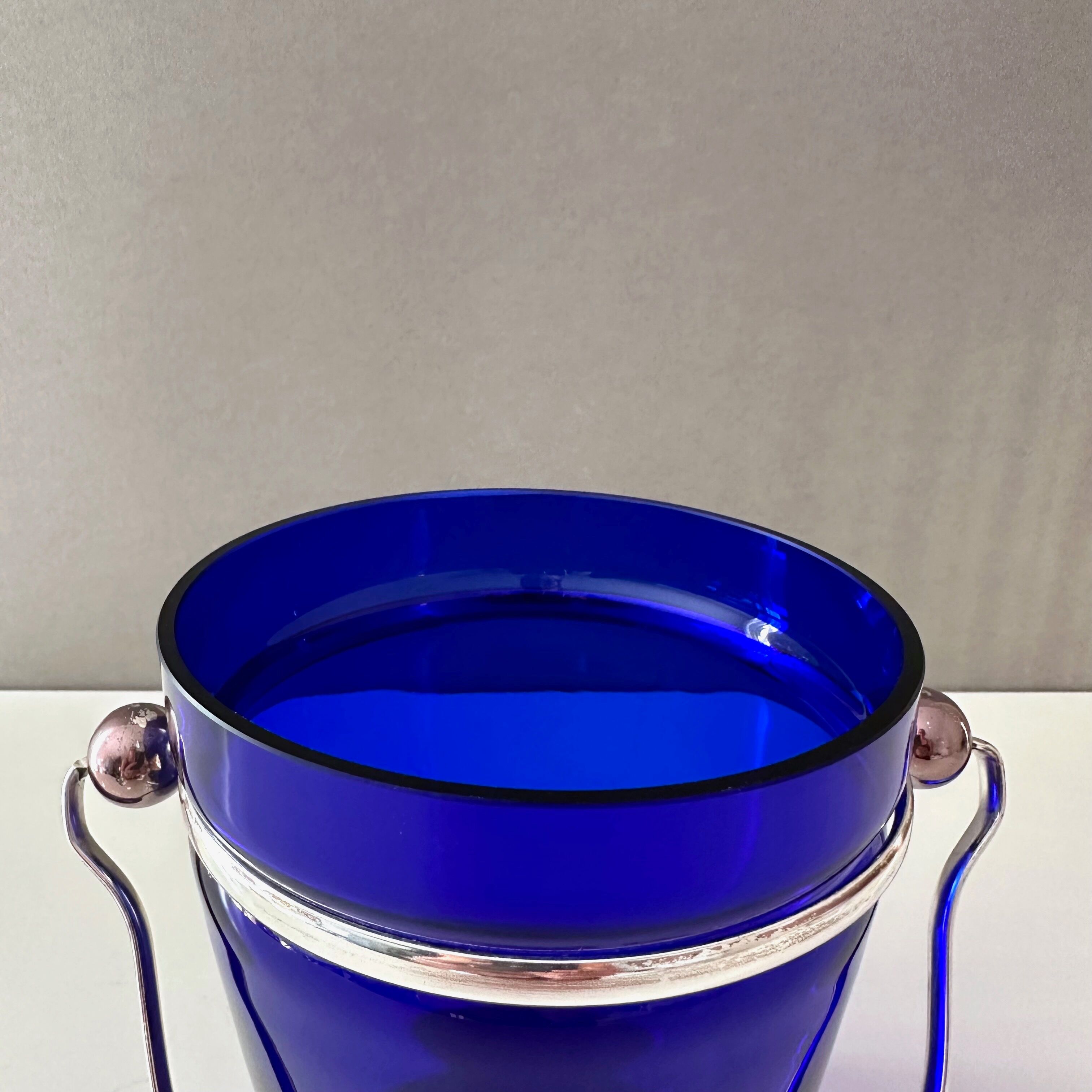 Ice bucket blue, ice cooler silver plated, mid century bareware