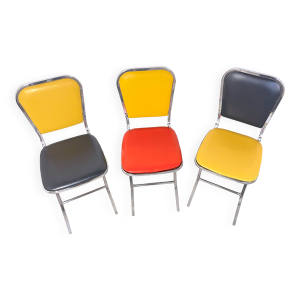 3 chaises pliantes chrome & faux cuir , Elio Zema, Italie 1980's