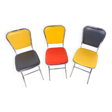 3 chrome & faux leather folding chairs, Elio Zema, Italy 1980s