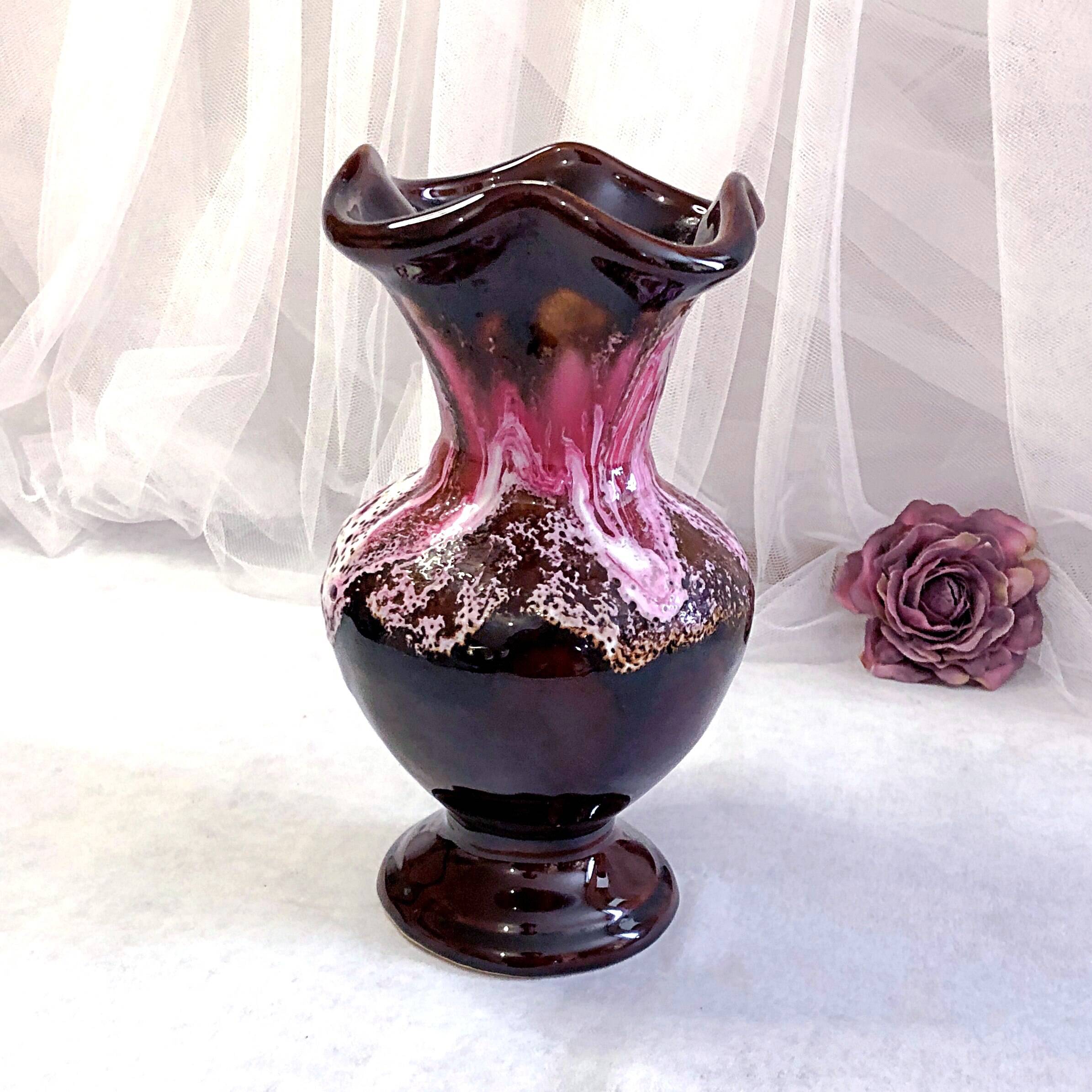 Seafoam tulipwood vase, brown and pink, Vallauris, signed PG