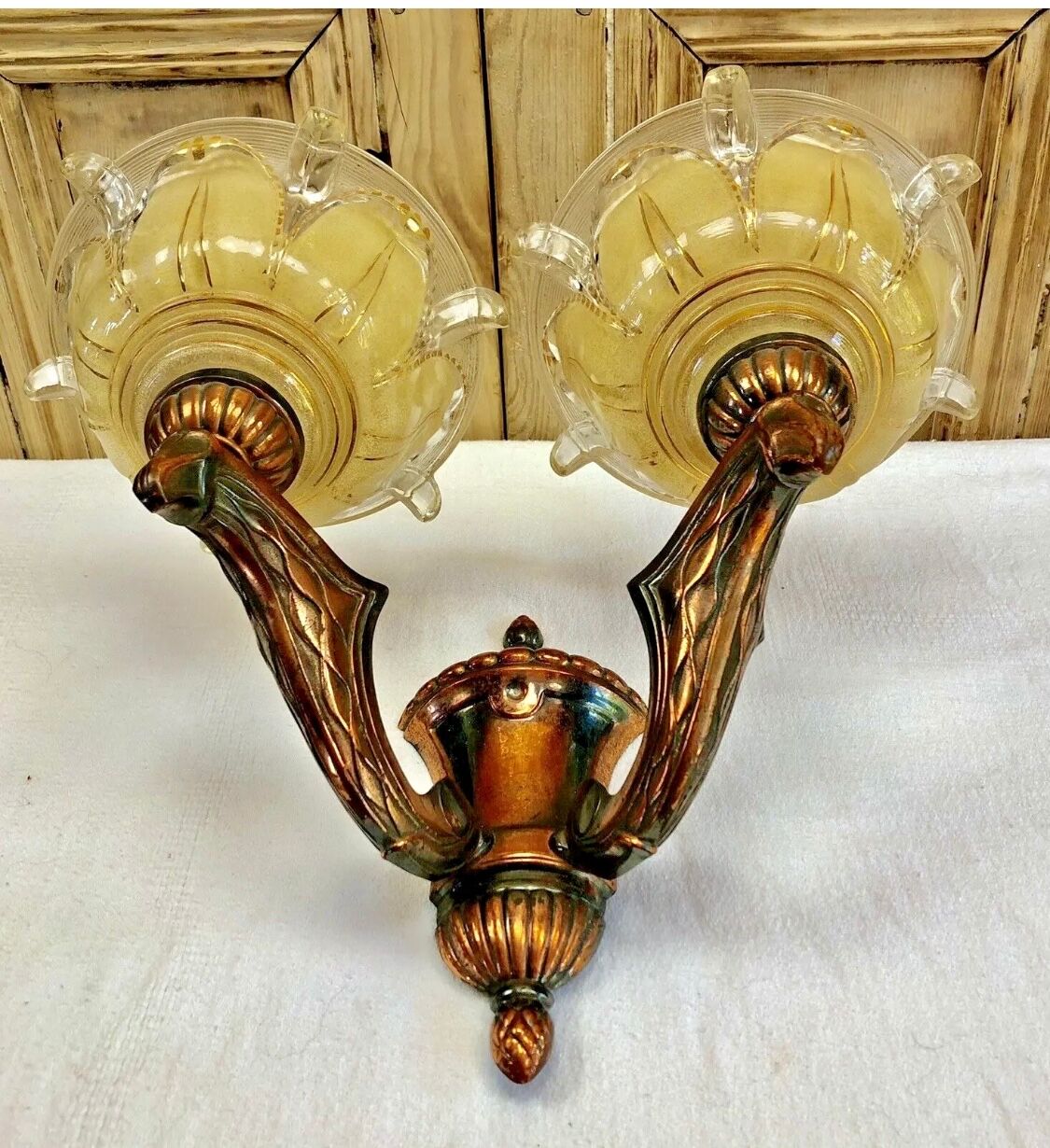 Wall lamp double fires copper metal art deco glassware ezan opalescent gilded