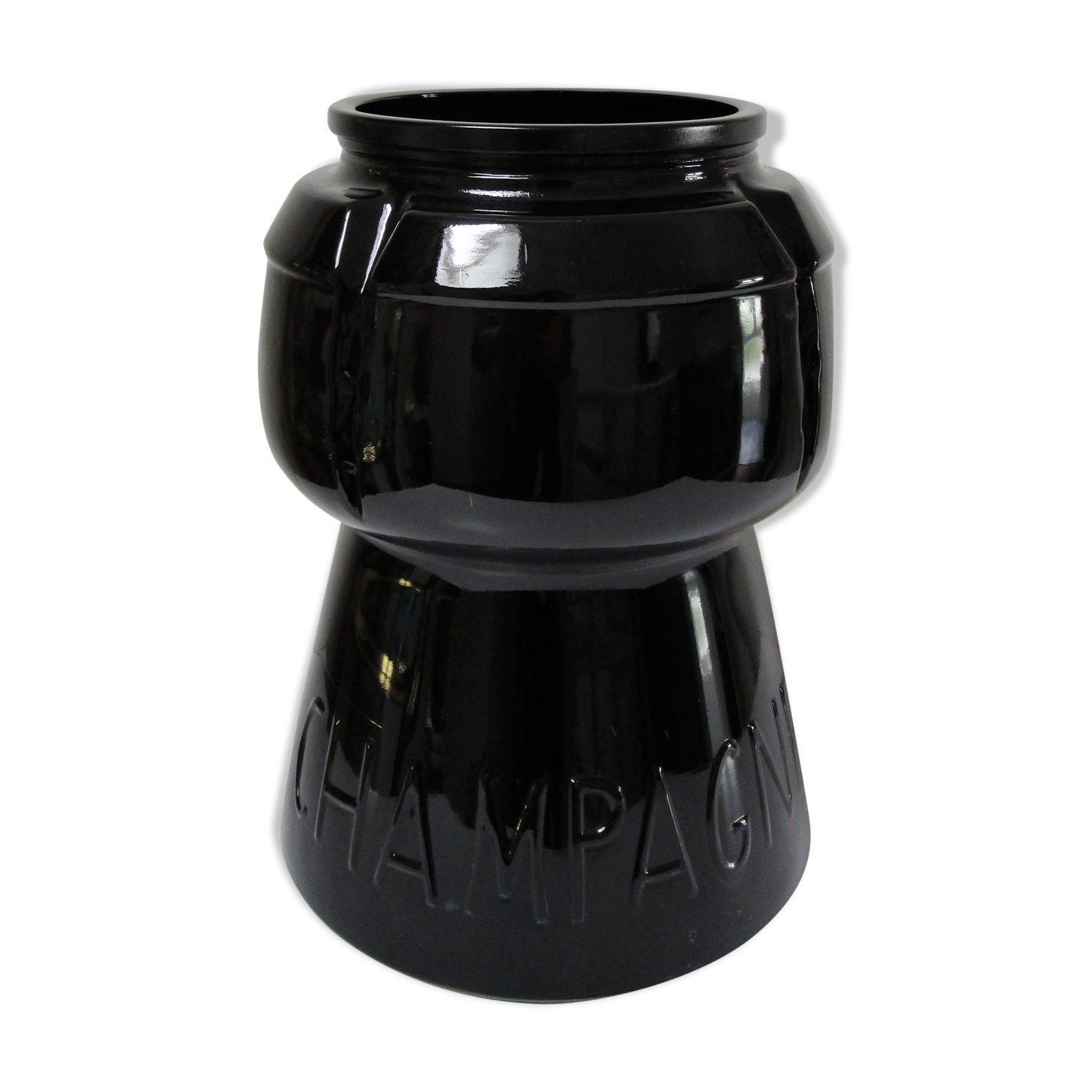 Champagne bucket design black glass in the shape of a 70s cork