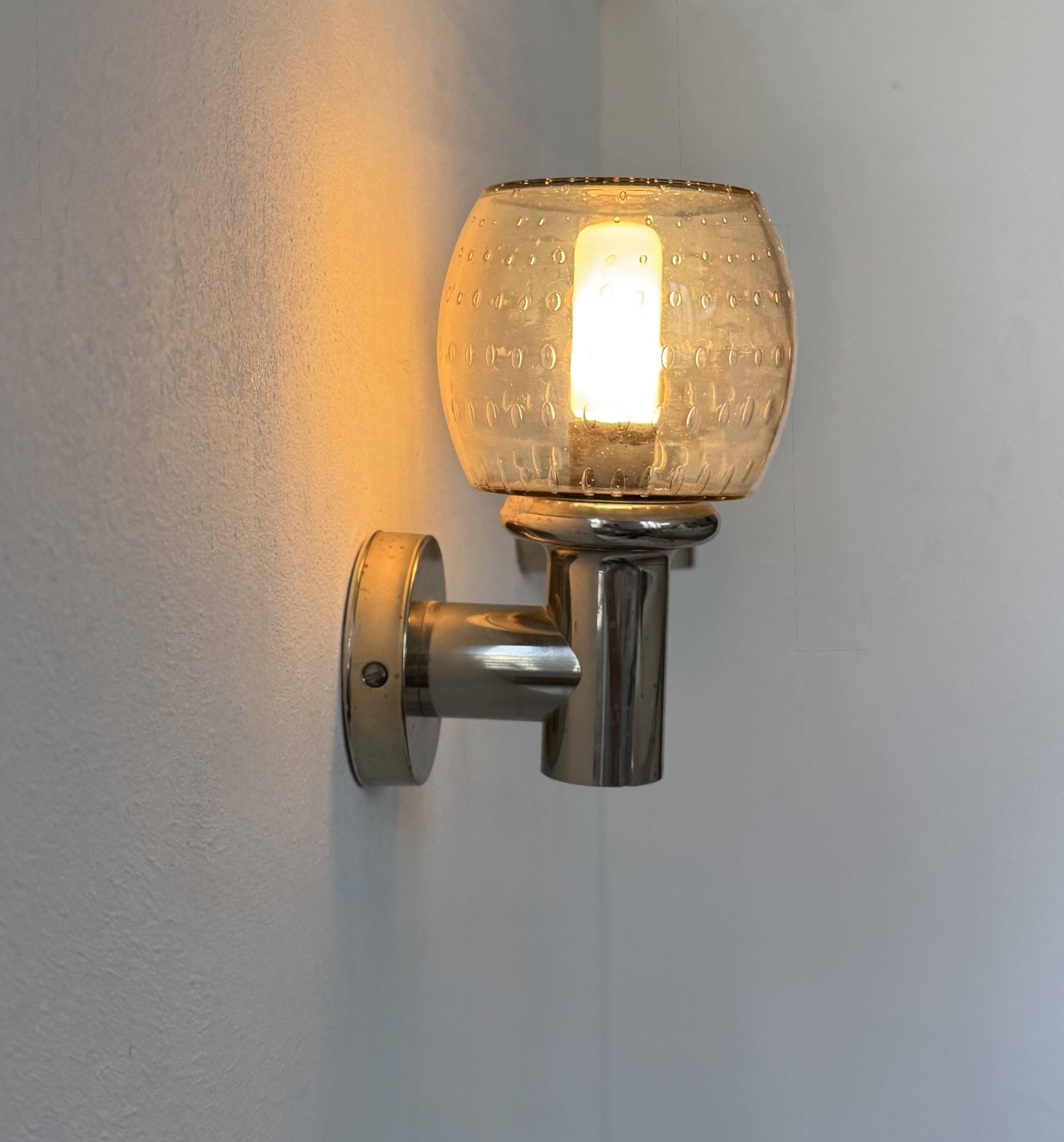 Pair of vintage wall lights, chromed metal and bubbled glass, France, 1960