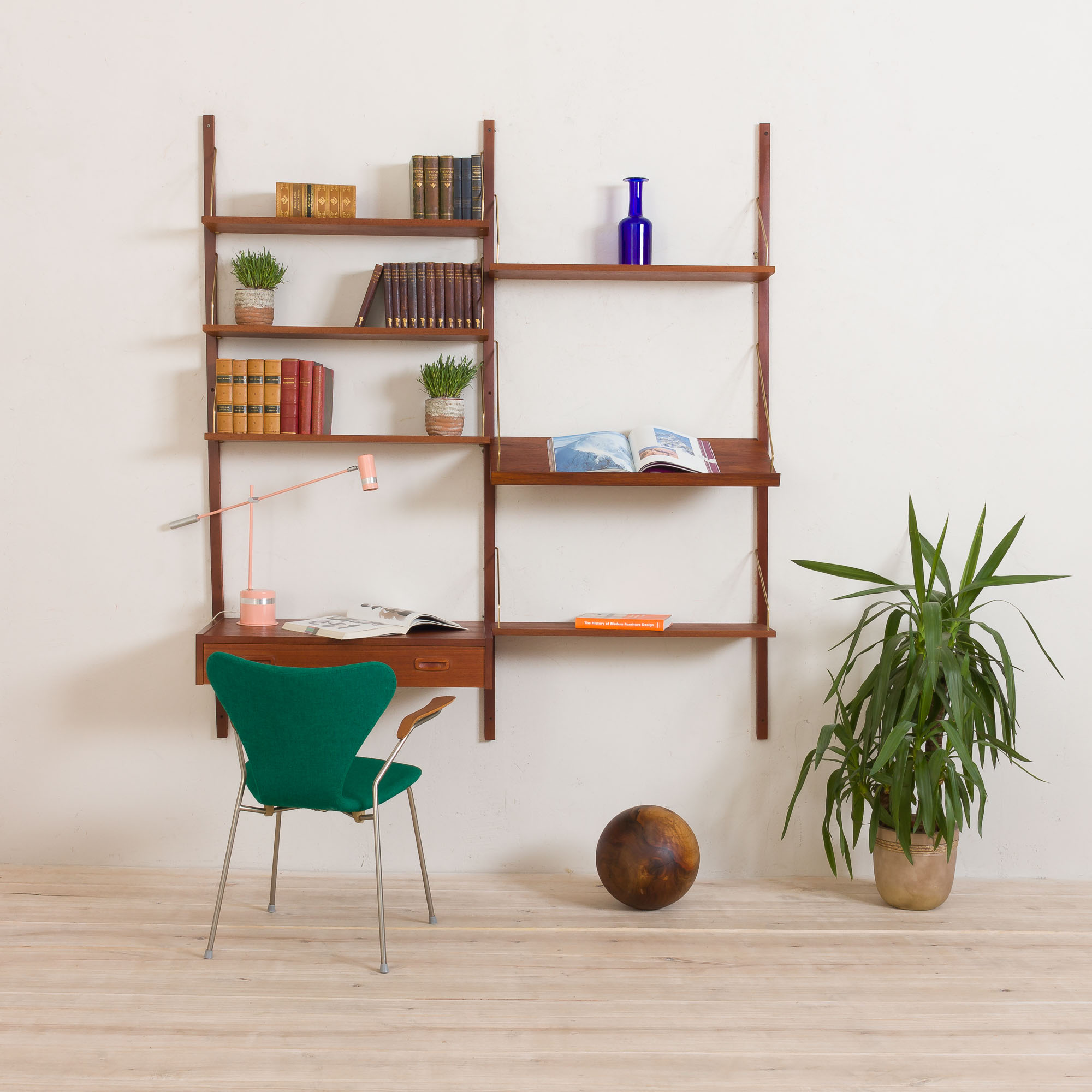 Danish teak wall unit with a desk and magazine tilted shelf