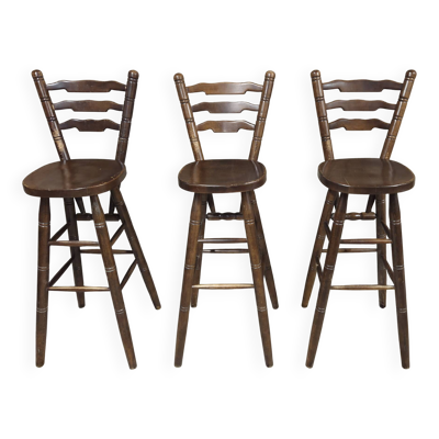 3 chaises hautes de bar vintage en bois  années 60/70 esprit bistrot