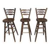 3 chaises hautes de bar vintage en bois  années 60/70 esprit bistrot