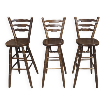 3 chaises hautes de bar vintage en bois  années 60/70 esprit bistrot