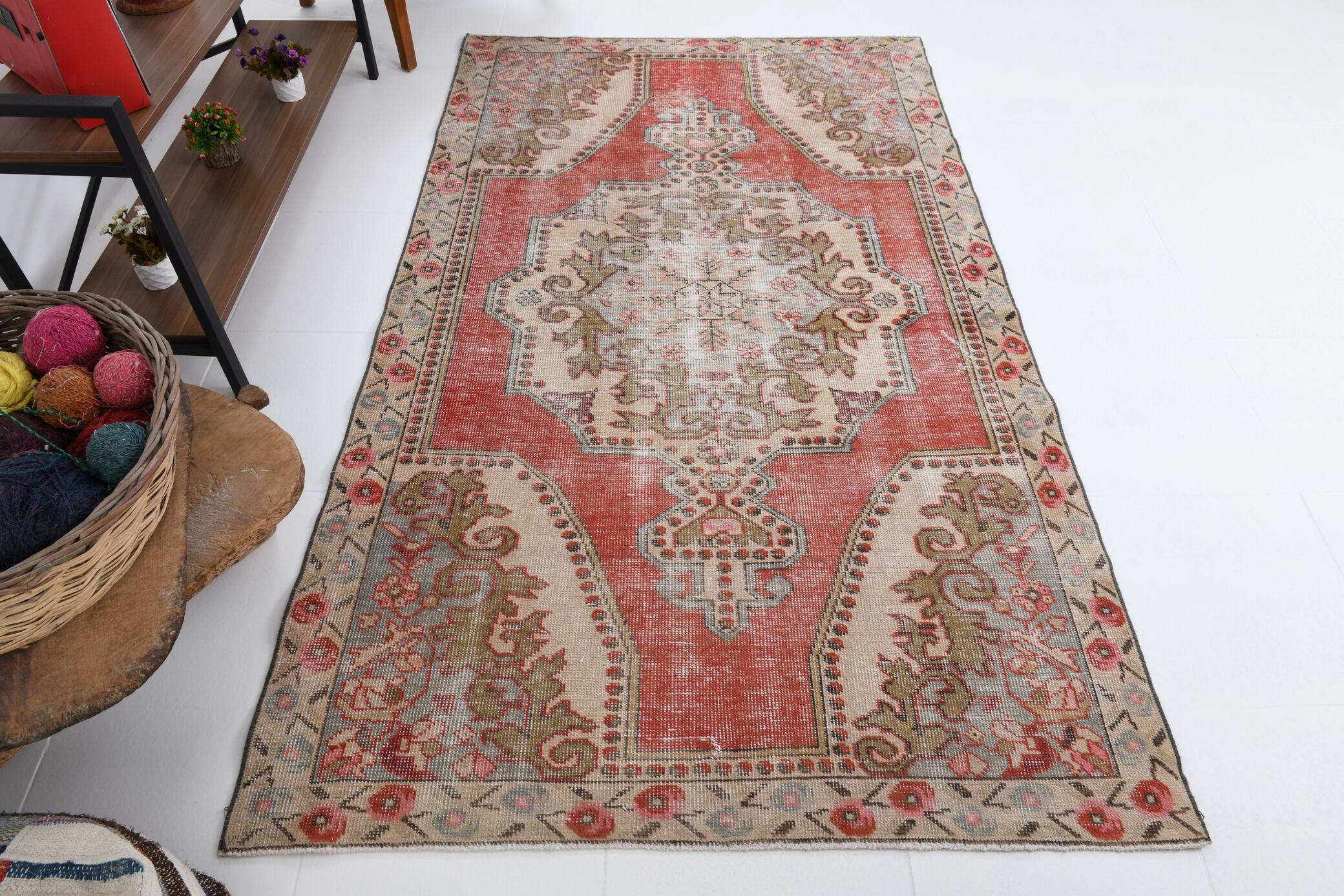 4x7 Red and Beige Turkish Vintage Rug