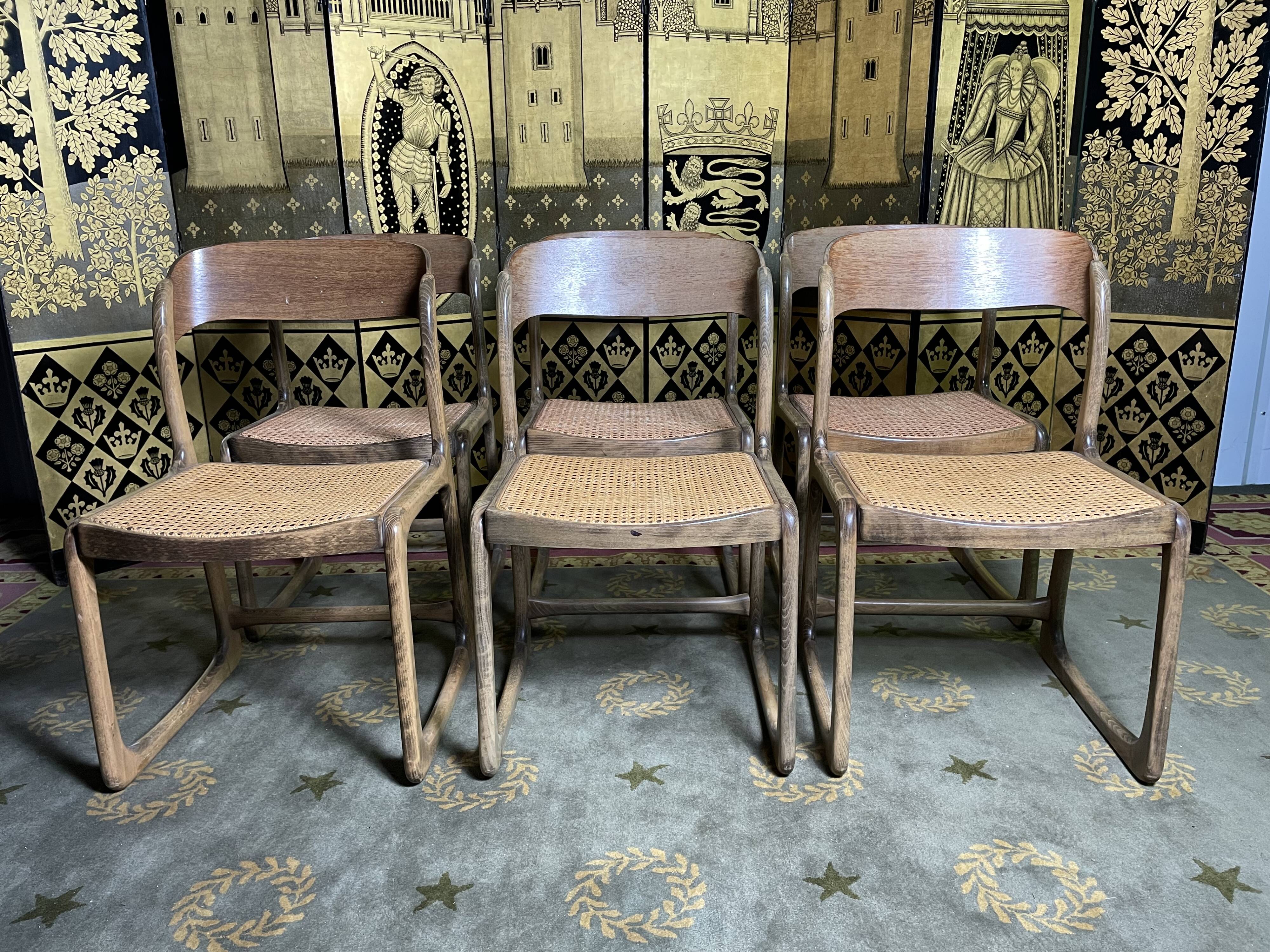 Suite of 6 chairs Baumann sled cannage