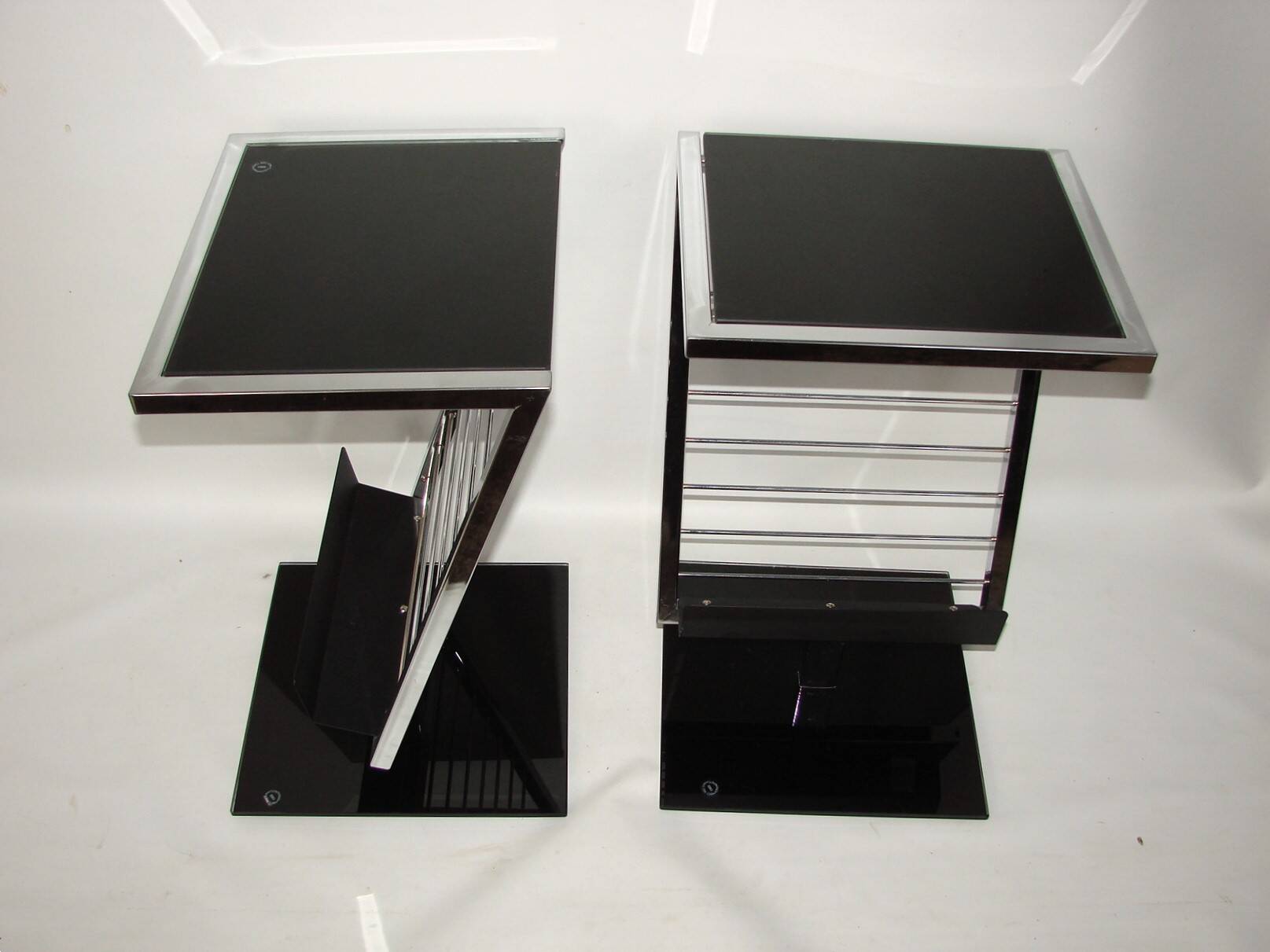 2 side tables, bedside tables in black glass and chrome metal, 1980
