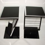 2 side tables, bedside tables in black glass and chrome metal, 1980