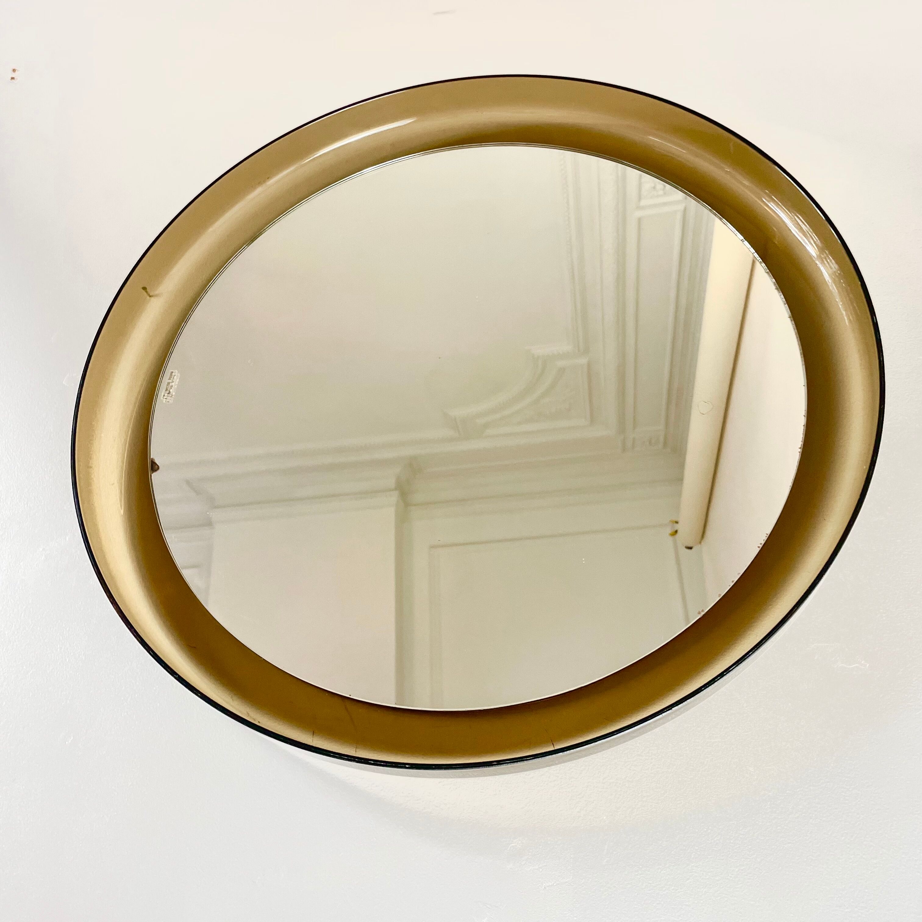 Mid-century round wall mirror in smoked acrylic glass by guzzini, italy, 1970