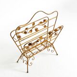 Extraordinary mid-century newspaper and magazine rack with a gilded metal