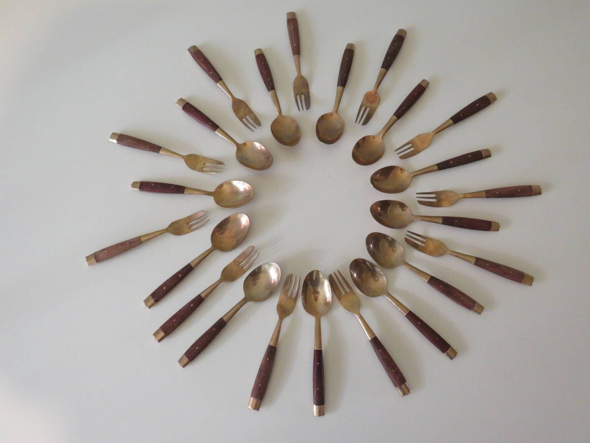 Vintage teak and brass housewife, dessert spoons and forks