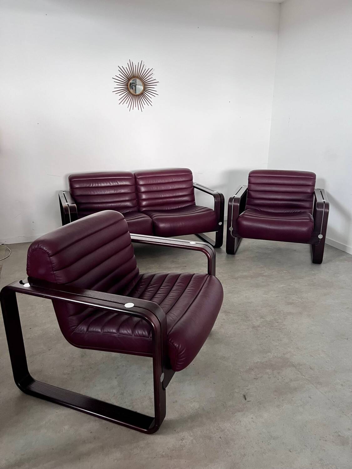 Sofa set and 2 vintage leather armchairs designed by Albert Stoll Giroflex 1970s
