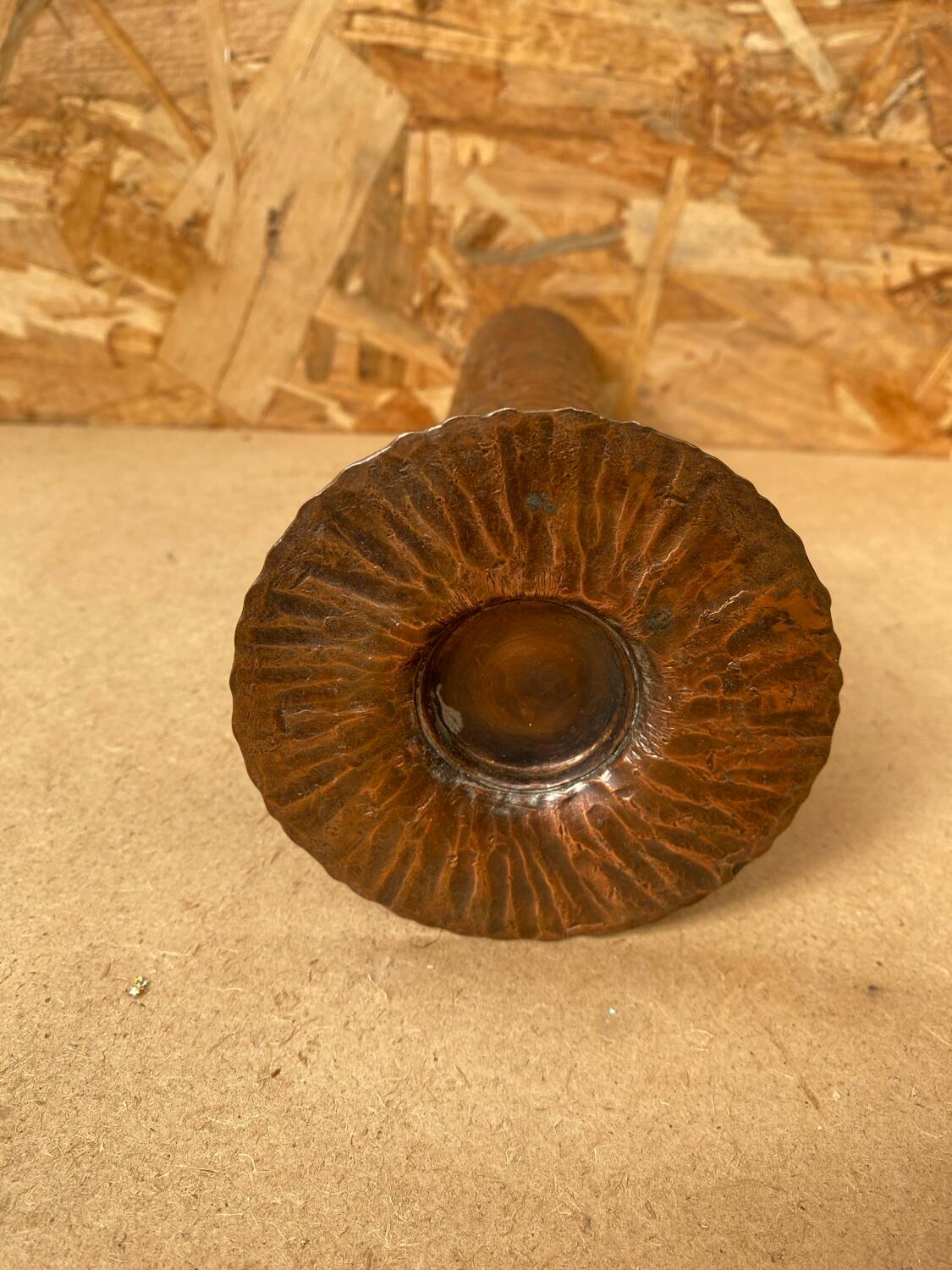 Antique brutalist hammered copper cylinder vase vintage