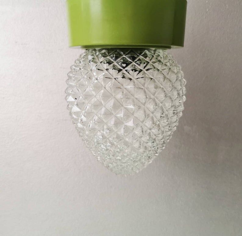 Vintage glass ceiling light with green plastic ring, 1980s