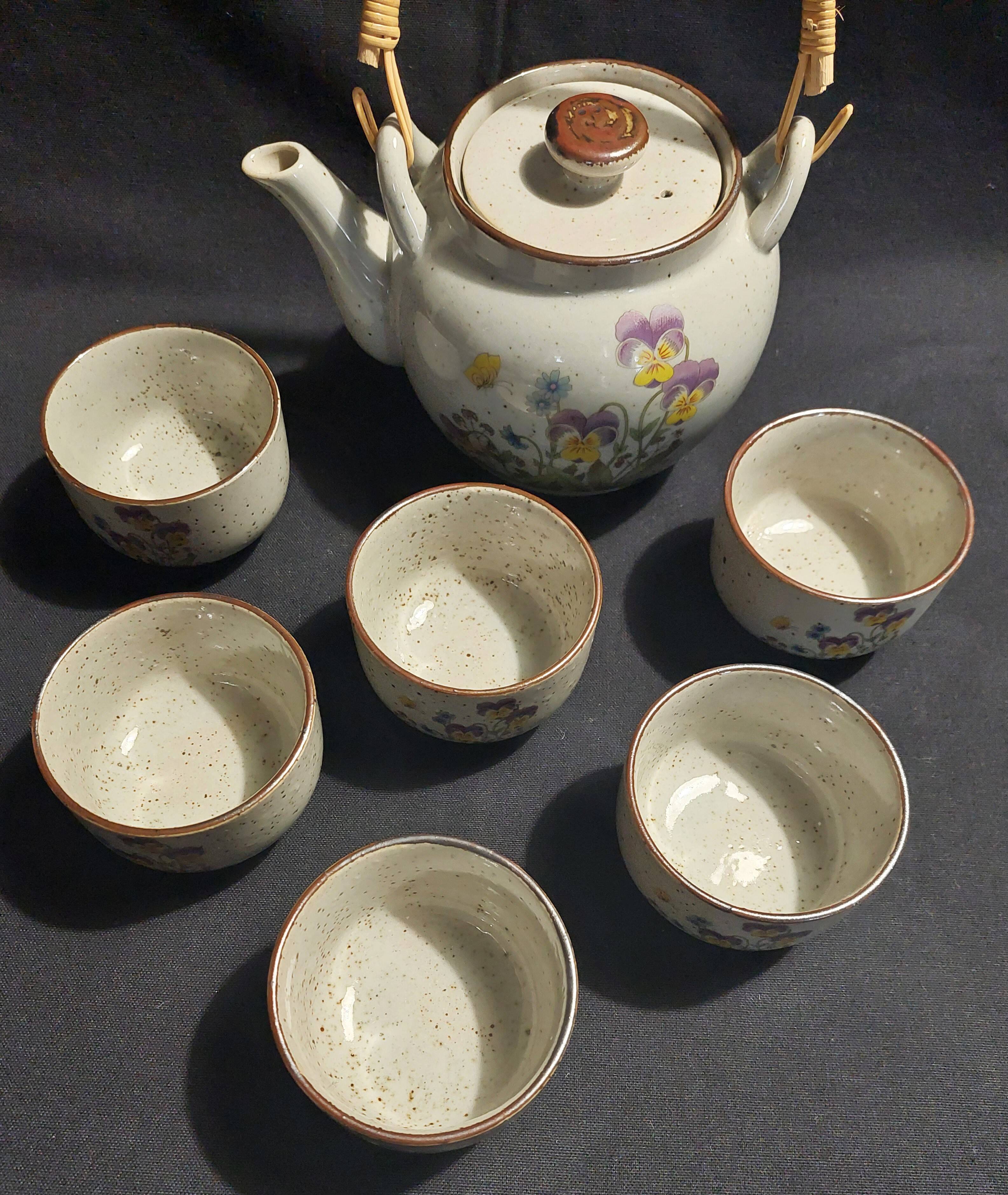 Vintage stoneware six cup tea set and teapot