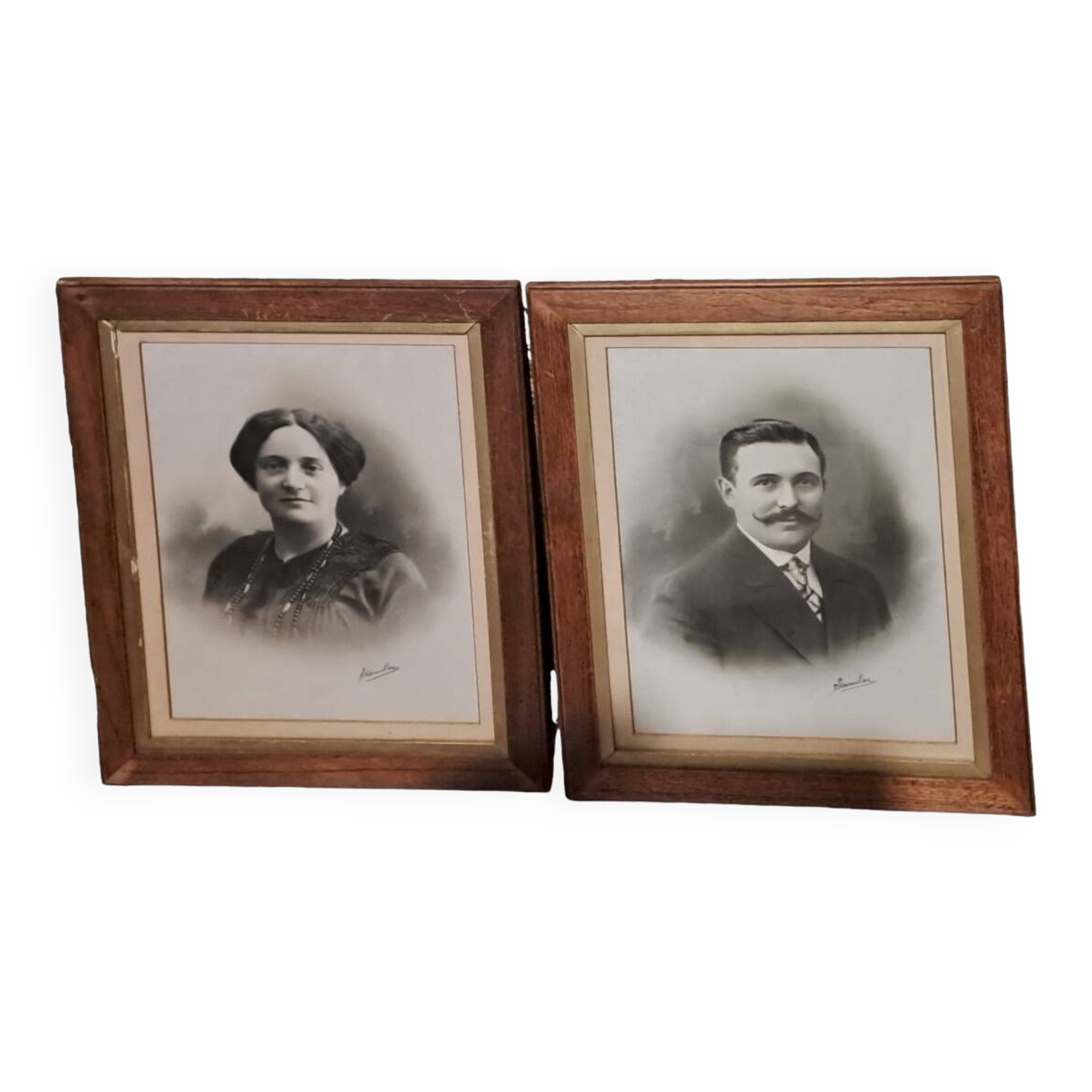 Lot of 2 victorian couple photo frames portrait ancestor painting woman and man xix france