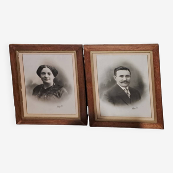 Lot of 2 victorian couple photo frames portrait ancestor painting woman and man xix france