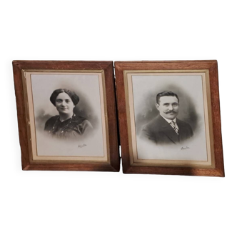 Lot of 2 victorian couple photo frames portrait ancestor painting woman and man xix france