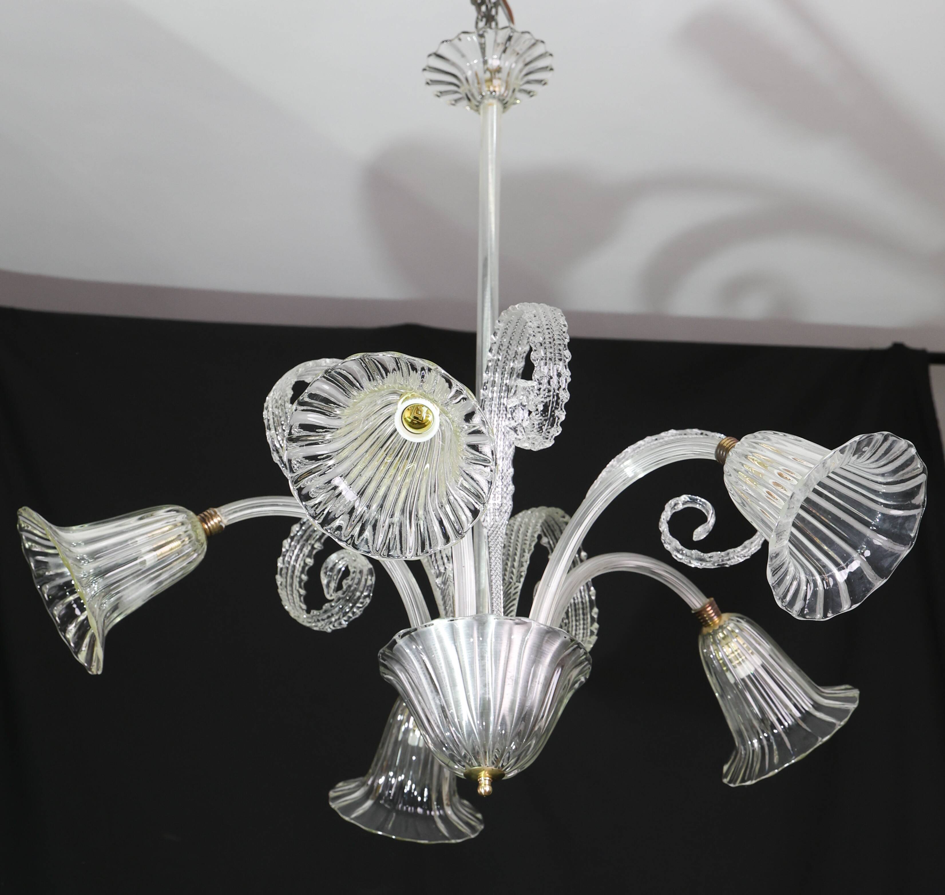 Amazing Art Decò Murano Glass Chandelier 5 Light, 1950