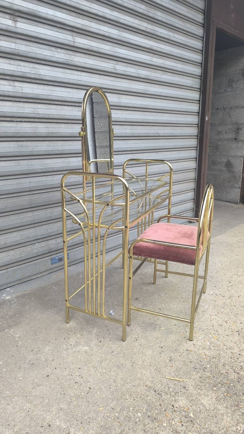Gold metal dressing table and seat, Italy 1980