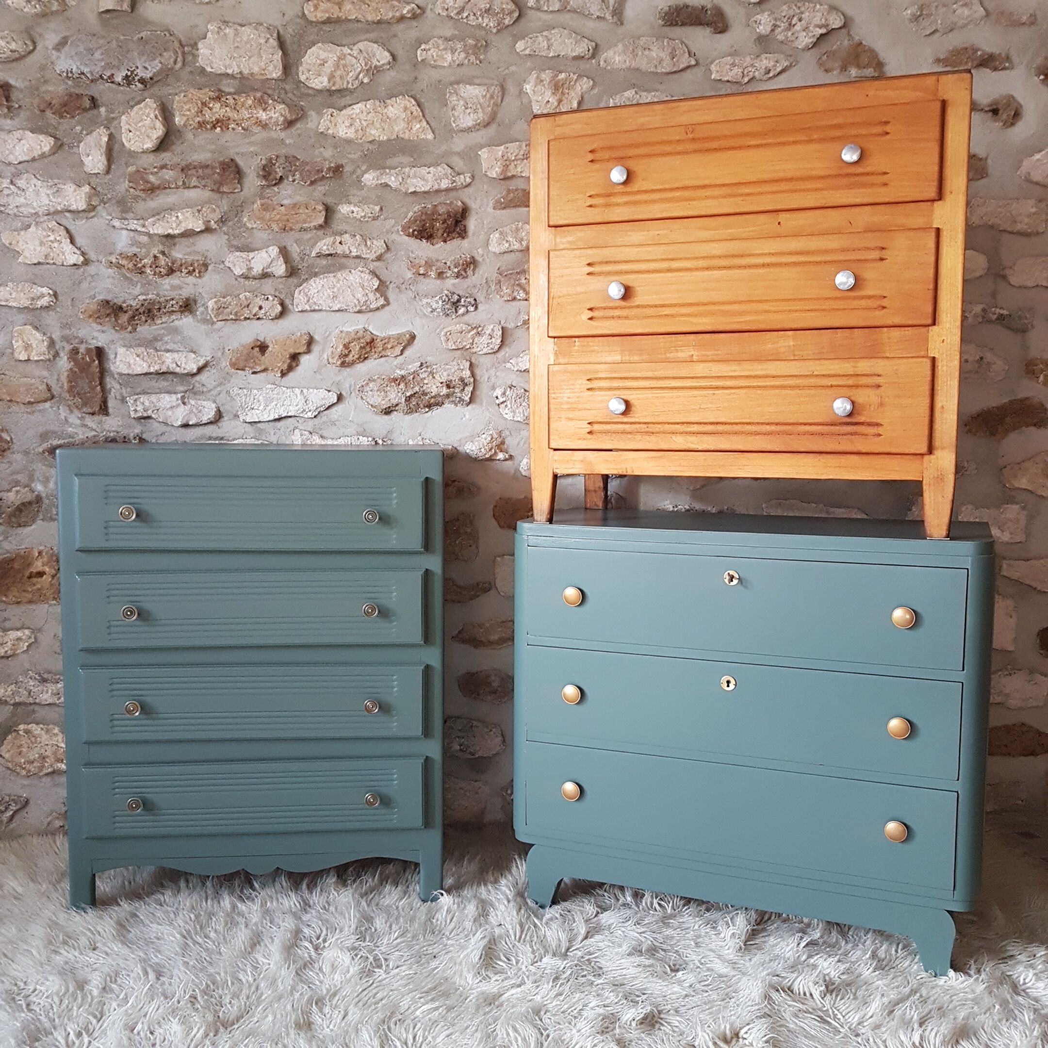 Commode art déco vert bleu poignées patinÉes